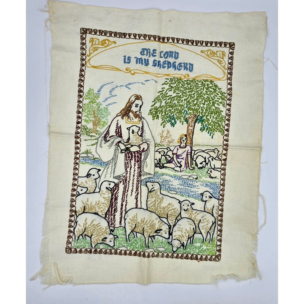 Beautiful Vintage 1940s Hand Embroidered‎ The Lord Is My Shepherd Linen